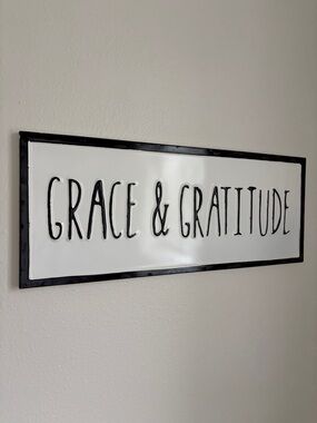 Farmhouse Grace & Gratitude White and Black “Enamelware” Metal Sign